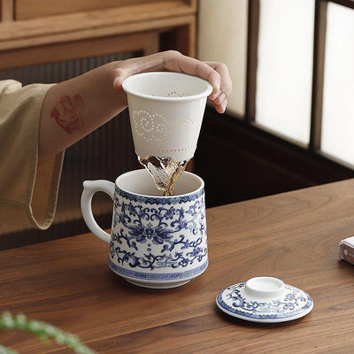 現貨 茶道 茶杯 德化白瓷茶杯三件套家用杯子陶瓷辦公水杯茶水分離馬克杯