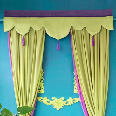 設計師夕子作品波西米亞風格紫色黃綠拼接款客廳臥室飄窗定制簾頭