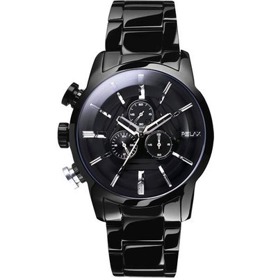 【金台鐘錶】RELAX TIME  霸氣再現 左錶冠 三眼計時手錶-(黑) 45mm (RT-38-C1)