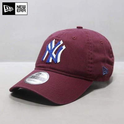 UU代購#韓國newera棒球帽酒紅色NY雙標刺繡男女軟頂紐亦華鴨舌帽MLB帽子