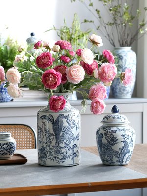 清湯臥果 青花鸚鵡紋陶瓷花瓶復古水培插花擺件客廳裝飾家居飾品