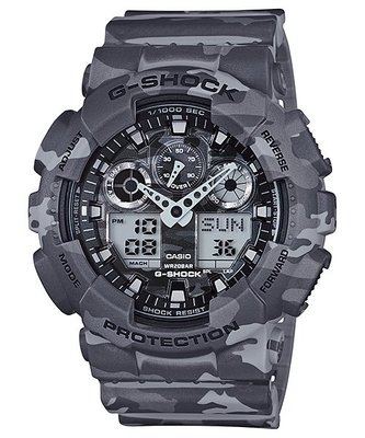 【金台鐘錶】CASIO 卡西歐G-SHOCK GA-100CM-8A 男錶 橡膠錶帶 灰迷彩 雙顯 耐衝擊構造