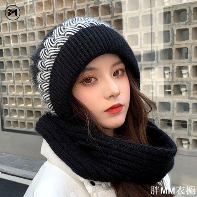 2022新款韓版兔毛針織帽羊毛帽子圍巾一件式毛絨加厚帽子保暖護耳帽女