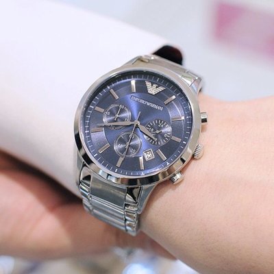 Emporio Armani 鋼帶 銀 藍 三眼計時 手錶 AR EA AR2448