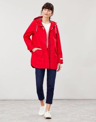 Miolla 英國品牌Joules 紅色藍白條紋內裡木扣款防風防水拉鏈帶帽外套（中長版）