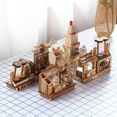 船模型擺件竹木工藝品擺件兒童玩具創意桌面風車水車仿真模型輪船家具擺設
