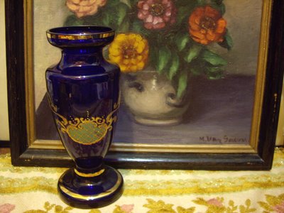 歐洲古物時尚雜貨  義大利 手工 藍色花瓶描金圖案 擺飾品 古董收藏
