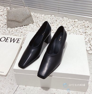 法國代購 The Row 23夏季新款經典方頭單鞋女士粗跟高跟鞋皮鞋