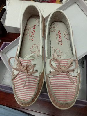 ╭°☆幸福愛麗絲☆°╮專櫃MAGY 休閒舒適 真皮手縫條紋帆船鞋-粉紅