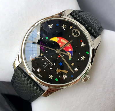 GUCCI G-Timeless 月相 星星 黑色錶盤 黑色皮革錶帶 石英 女士手錶 YA1264045