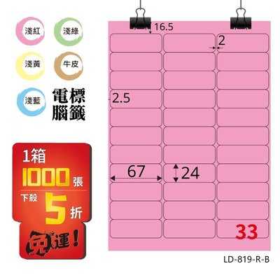 OL嚴選【longder龍德】電腦標籤紙 33格 LD-819-R-B 粉紅色 1000張 影印 雷射 貼紙