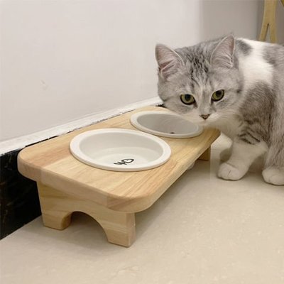 上新特賣~貓碗陶瓷保防打翻貓糧碗貓盆貓咪食盆水碗雙碗貓飯碗架實木