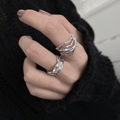 UDTRend 珠寶~設計戒指女小眾不規則紋理鋯石S925純銀戒指冷淡風肌理線條指環銀