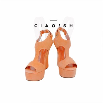 CIAO/SH 名牌精品店 ELIE SAAB 粉橘麂皮 後貼式露趾楔型鞋