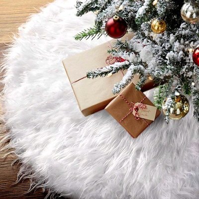 耶誕節白色毛絨樹樹裙底墊 長毛絨不織布人造毛皮地毯 聖誕裝飾節日用品-