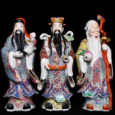 民國福建會館福祿壽三星雕像，高42cm直徑16cm，編號36 瓷器 古瓷 古瓷器