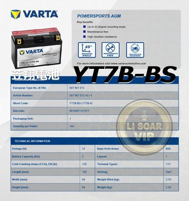 ☼台中苙翔電池►YT7B-BS VARTA 機車電池 GT7B-BS MG7B-MS MB7U 7B電池 7號薄型電池