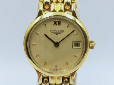 【發條盒子H7179】LONGINES 浪琴 金面石英 鍍金日期顯示 經典鍊帶女錶