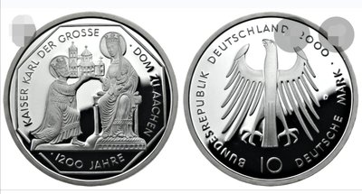 現貨熱銷-【紀念幣】聯邦德國2000年10馬克高銀925紀念幣(卡爾大帝亞琛大教堂加冕)