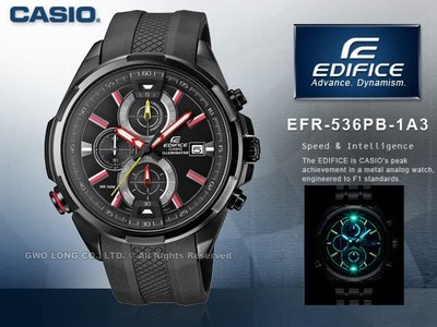 CASIO手錶專賣店 國隆 CASIO EDIFICE EFR-536PB-1A3 雙黑三眼_碼表指針_保固_發票