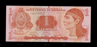 【低價外鈔】宏都拉斯2014年1 Lempira 倫皮拉 紙鈔一枚，瑪雅遺址圖案，特價中~(98新)