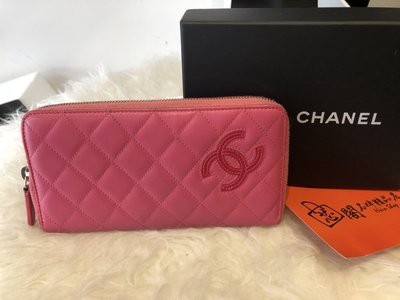 ※芯閣名牌精品店※ CHANEL 新款 桃粉色 羊皮 雙C 康朋拉鍊長夾 85成新