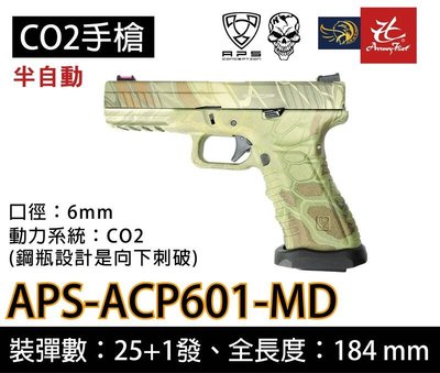 昊克生存遊戲-騎翼鶯歌 APS G17競技版半金屬滑套可動 CO2手槍 射擊穩後座力強 迷彩色 ACP601 MD