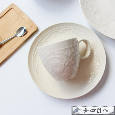 歐式浮雕素色陶瓷咖啡杯盤子碗家用復古純色水杯面碗*訂金