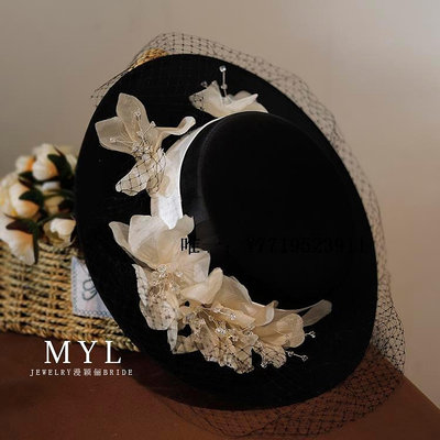 禮帽赫本風黑色平頂帽奶茶色絹紗水晶花法式復古禮帽新娘攝影跟妝帽子太陽帽