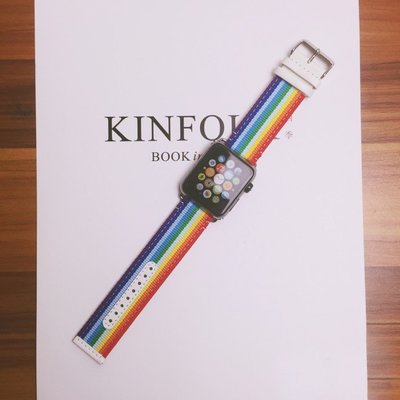 丁丁 蘋果智能手錶 Apple watch 錶帶 彩虹 真皮 運動手錶錶帶 38mm/42mm 時尚 活力 替換腕帶