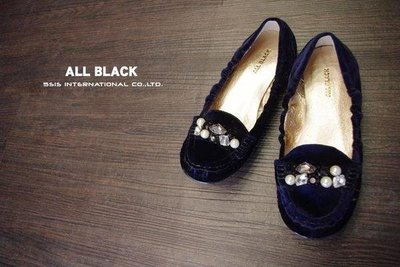ALL BLACK專櫃 秋冬深藍絨布面飾珍珠寶石側鬆緊平底鞋娃娃鞋 23~23.5cm/36~37號