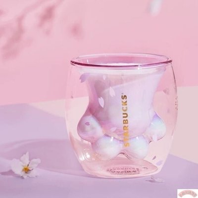 【熱賣精選】starbuck星巴克貓爪杯粉色櫻花限量款紫櫻貓抓雙層玻璃水杯子