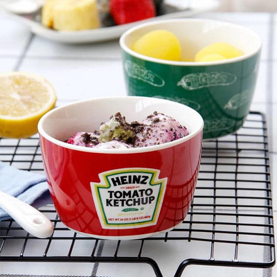 [］懷舊復古 經典 知名品牌 亨氏 HEINZ 沙拉碗 冰淇淋碗 優格 甜品 舒芙雷烤碗 甜點器皿勺子套組 湯匙杯碗