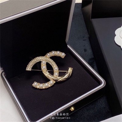 流當拍賣真品Chanel/香奈兒 新款 金色鑲鑽 大珍珠經典款 雙C 女士胸針 別針