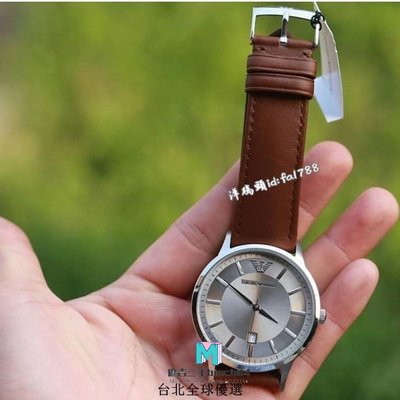 【二手】ARMANI 阿曼尼男錶 簡約日曆銀盤咖啡色真皮錶帶時尚休閒百搭石英腕錶AR2463