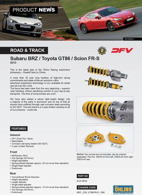 Subaru 速霸陸 BRZ FRS 2012+ 專用 瑞典 Ohlins Road & Track 避震器