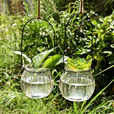 懸掛式透明玻璃花瓶 小南瓜吊瓶 簡約水培花器室內園藝家居裝飾瓶