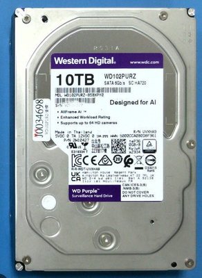 【二手3C競標】WD102PURZ 紫標 10TB 3.5吋監控系統硬碟 拆機良品保固中 10TB 硬碟