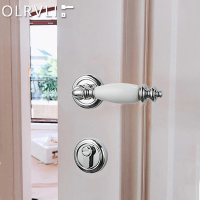 門鎖olrvli鍍鉻銀色白陶瓷法式靜音門鎖美式輕奢歐式復古磁吸雙開門鎖