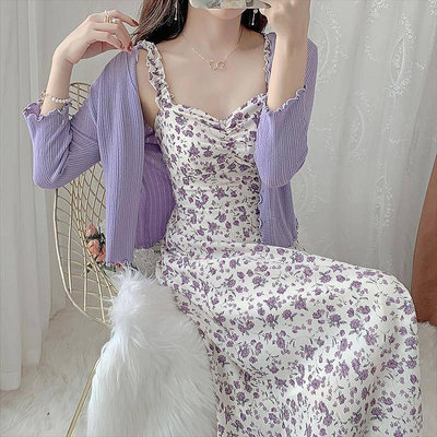 香芋紫洋裝碎花吊帶裙毛衣針織衫小外套兩件套裝裙溫柔風淑女氣質長裙