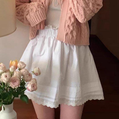 新品 韓國時尚氣質純色蕾絲花邊拼接短裙半身裙