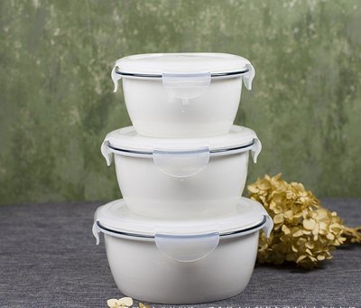 【傑品生活】(白色藍線圓形扣蓋)陶瓷碗 保鮮碗陶 瓷圓碗 陶瓷分格飯盒 保鮮盒 便當盒 微波飯盒 陶瓷便當盒