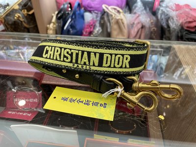 ☆最愛二手精品☆ CHRISTIAN DIOR 全新黑色螢光黃綠色 logo 雙面編織帆布金釦揹帶背帶 XF3230 S8553CBTE