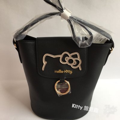 [Kitty 旅遊趣] Hello Kitty 斜背包 黑色 凱蒂貓 質感佳 皮包 側肩包 桶包