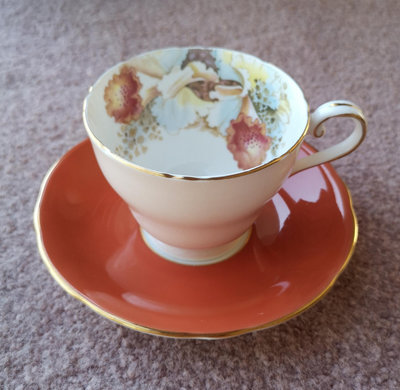 中古英國骨瓷aynsley安茲麗 超大杯內花卉 粉釉咖啡杯碟