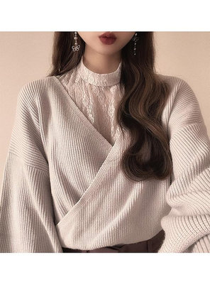 GRL秋季新款女日系甜美蕾絲領顯瘦落肩套頭針織衫假兩件毛衣