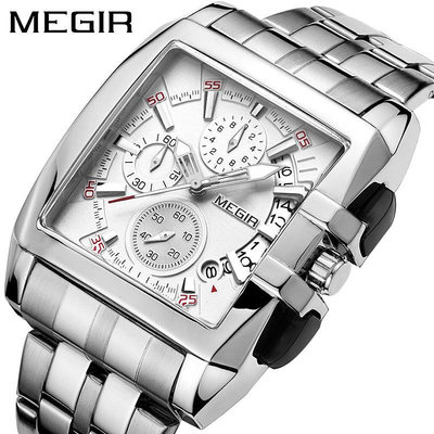 手錶男 一件代發爆款美格爾MEGIR鋼帶男士手錶運動戶外男錶方形手錶2018