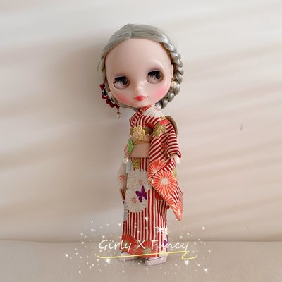 Blythe 振袖和服系列-條紋_橘【まるこ手工縫製小布娃娃衣服】