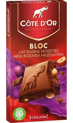 比利時代購巧克力-Cote d'Or 比利時大象牌榛果葡萄巧克力片，買10片送1片，另有提供86%黑巧克力供顧客選購。