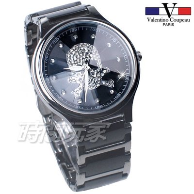 valentino coupeau 范倫鐵諾 古柏 個性 骷髏 大錶框 水晶鑽陶瓷 中性錶 黑色 V60207-1